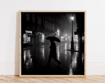 雨の夜のストリート写真プリント - 白黒のパリポスター、ムーディーな都会の壁アート、ミニマリストノワールシルエットアートワーク