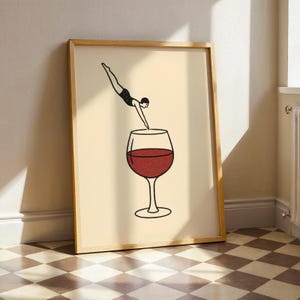 Minimalist Wine Art Print, Diving Into Wine Poster, Modern Bar Cart Wall Decor, Red Wine Lover Gift, Retro Wine Kitchen Wall Art