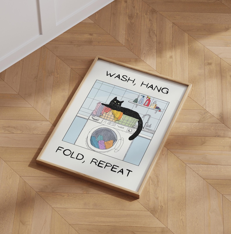 Wash Hang Fold Repeat Cat Print, Cute Bathroom Poster, Laundry Room ...