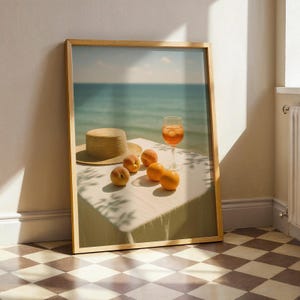 Włoski letni nadruk, sztuka ścienna z Wybrzeża Amalfi, plakat z owocami w stylu vintage, estetyczne zdjęcie plaży, sztuka z Aperolem Spritz, wystrój kuchni w stylu śródziemnomorskim