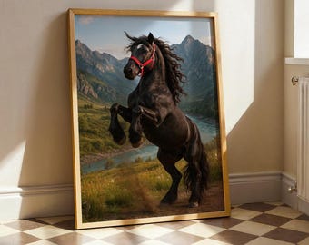Majestic Black Horse Wall Art – Wild Stallion Print, Mountain Landscape Decor, Rustic Western Equestrian Poster for Home