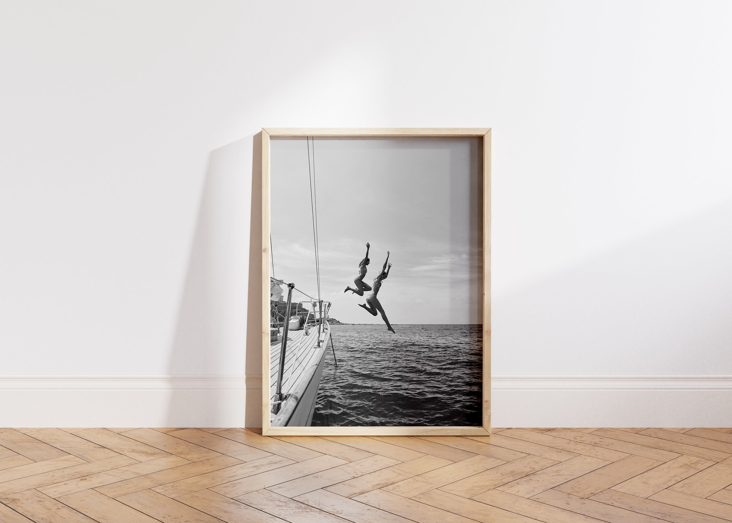 Friends Freedom Jump, Sail Boat Yacht Print, Summer Black and White Wall Art, Vintage Print, Ocean Jump, Photo Prints, Museum Quality Print.