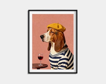 Basset Hound Wall Art, Dog in Beret Painting, Breton Stripe Red Wine Print