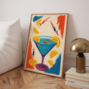 Póster de cóctel "Surreal Swimmers" - Impresión artística retro de martini para piscina