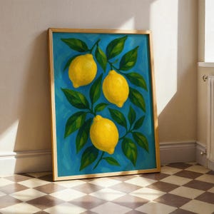 Lemon Wall Art Print – Mediterranean Oil Painting Style, Vibrant Yellow Lemons on Blue, Kitchen Citrus Decor, Summer Fruit Poster