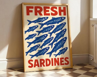 Fresh Sardines Poster, Retro Kitchen Print, Coastal Wall Art