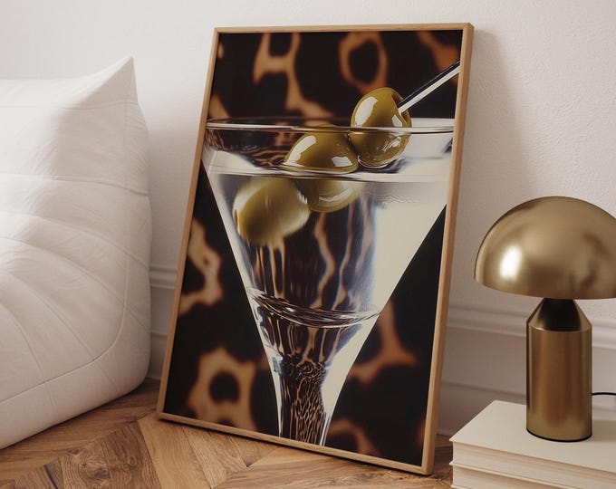 Martini Glass Leopard Print Poster: Chic Bar Cart Wall Art