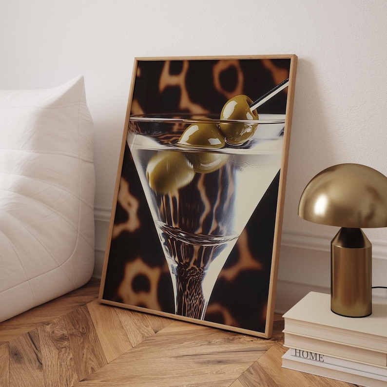 Martini Glass Leopard Print Poster: Chic Bar Cart Wall Art image 1
