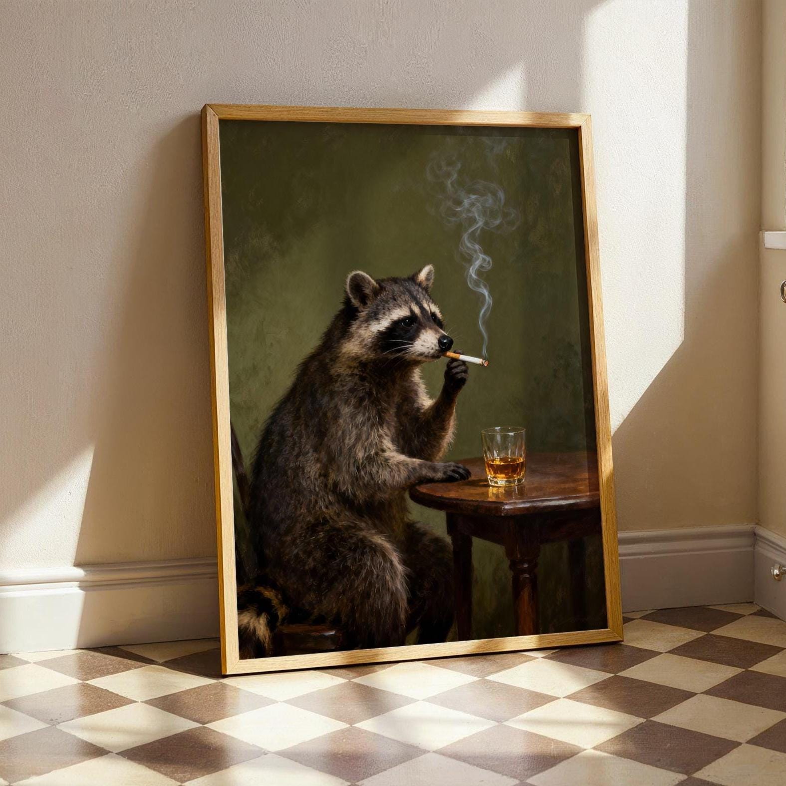 racoon smoking cigarette Raccoon Art Print Vintage Bar Wall Decor Moody Animal Artwork Raccoon smoking a cigarette on