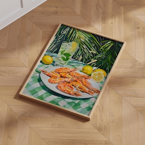 Póster de cóctel de camarones tropicales: arte de cocina costera con decoración de palmeras de limón, arte de pared de cocina