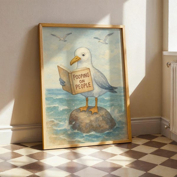 Funny Seagull Bathroom Art, Watercolor Animal Print, Humorous Toilet Wall Decor, Coastal Beach Theme Poster