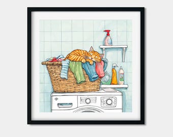 Laundry Room Cat Print, Orange Tabby Sleeping in Basket, Whimsical Washer Wall Art