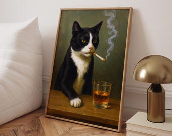 Smokingkatt som dricker whisky-poster | Rolig, lynnig katt-väggkonst | Djurtryck i vintagestil | Heminredning med mörk humor