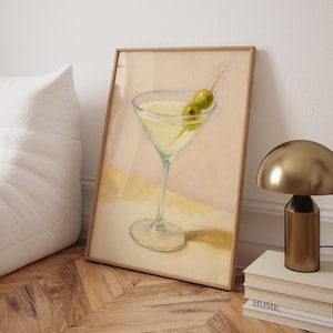 Pastell Martini Kunstdruck | Barwagen Druck | Soft Cocktail Wandkunst | Minimalistisches Olive Drink Poster | Elegantes Bar Dekor
