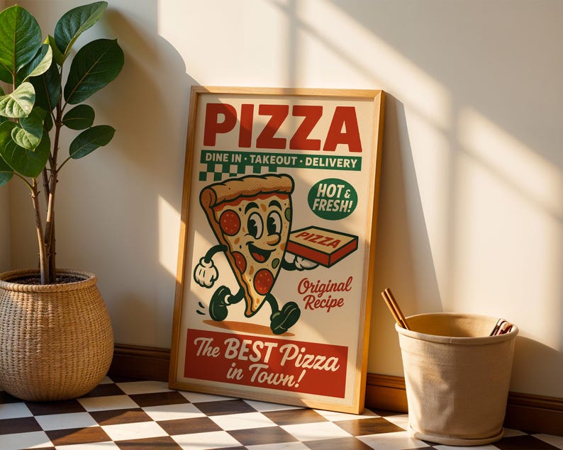 May include: A framed vintage-style pizza advertisement. The poster features a cartoon pizza slice character holding a pizza box. Text includes "PIZZA", "DINE IN - TAKEOUT - DELIVERY", "HOT & FRESH!", and "The BEST Pizza in Town!"