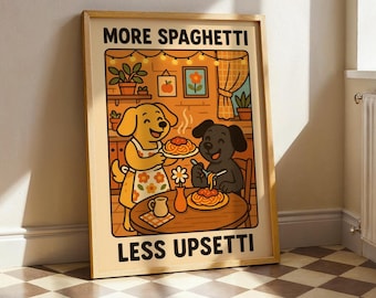More Spaghetti Less Upsetti Poster – Cute Kawaii Dog Kitchen Art, Funny Food Quote Print, Retro Pasta Decor, Cozy Dining Wall Art