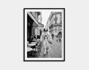 Astronaut Wall Art, Spaceman Buying Baguette Poster, Surreal Space Humor Print