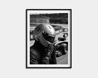 Racing Helmet Wall Art, Black White Motorsport Poster, Race Driver Gift for Him