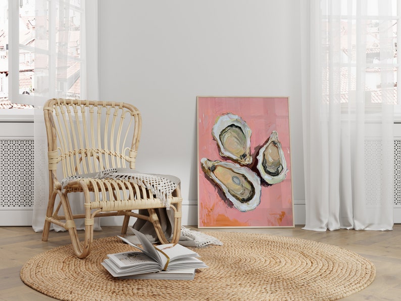 Oyster Watercolor Print, Aesthetic Kitchen Decor, Retro Dinner Table Print, Pink Oyster Kitchen