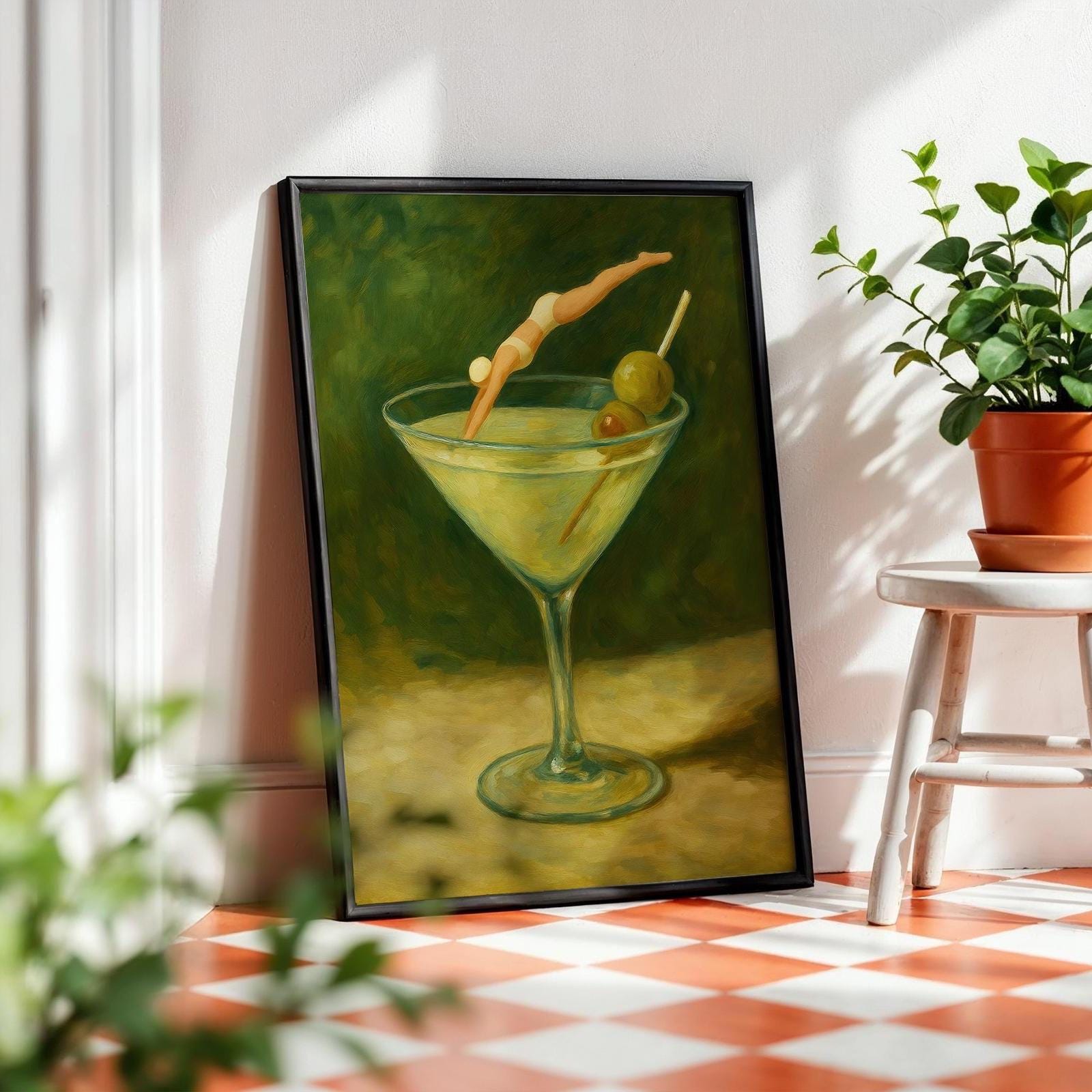 Surreal Martini Art Print | Girl Diving Cocktail Poster | Vintage