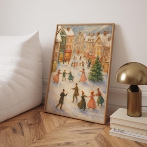 Vintage Christmas Village Art Print, Cozy Winter Scene, Christmas Tree Poster