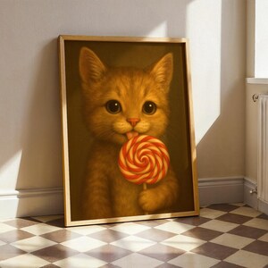 Póster de gato con piruleta, arte de pared de gatitos, estampado animal divertido para habitación infantil o decoración divertida.