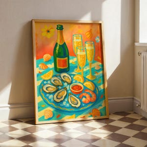 Champagne and Oysters Poster – Colorful Seafood Wall Art, Retro Brunch Decor, Coastal Kitchen Print, Celebration Food Illustration