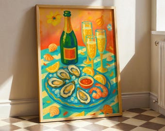 Champagner und Austern Poster - Bunte Fischwandkunst, Retro Brunch-Dekor, Küstenküche, Festessen Illustration
