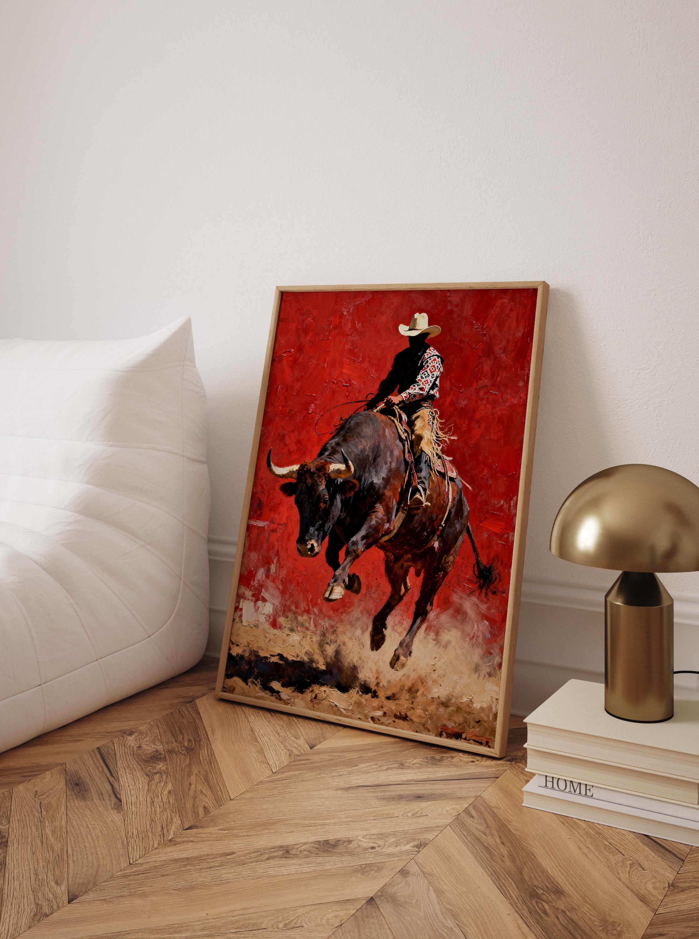 Cowboy and Bull Wall Art Print, Dramatic Western Rodeo Poster, Modern ...
