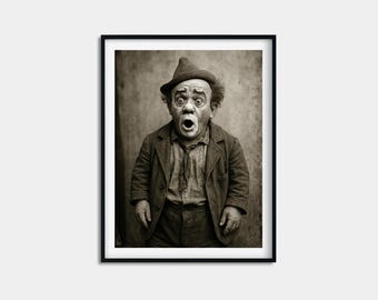 Vintage Clown Portrait Print, Sepia Surprised Face Poster, Funny Vaudeville Wall Art