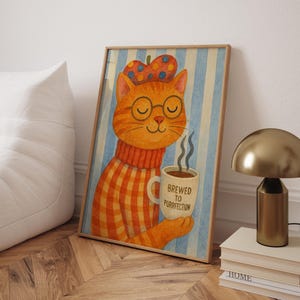 Cat Coffee Poster | Brewed to Purrfection Print | Cozy Cat Wall Art | Funny Cat Kitchen Decor