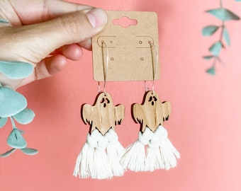 Ghost Macrame & Wood Earrings, Ready to Ship, Handmade Jewelry, White Tassels, Halloween Accessories, Gifts for Her, Mom, Best Friend