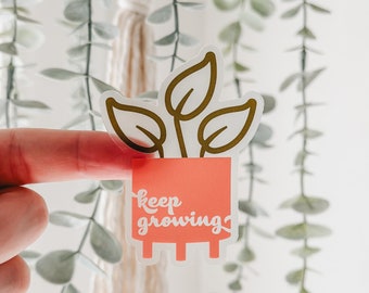 Keep Growing Clear Sticker, Motivational Gifts, Sticker for laptop, water bottle, craft cart, tumbler, Pink Planter, Plant Lover, Giftable