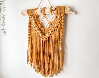 AUTUMN SUN, Mustard Macrame Wall Hanging with Wooden Beads, Yellow Tapestry, Neutral Boho Home Decor, Unique Wall Decor, Ready to Ship, Gift