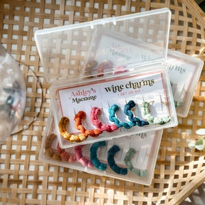 Macrame Wine Charms (Set of 6) with Reusable Case, Assorted Colors, Wine Glass Stem Markers, Ready to Ship, Gift for anyone, homeowner, host