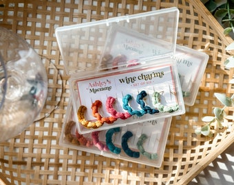 Macrame Wine Charms (Set of 6) with Reusable Case, Assorted Colors, Wine Glass Stem Markers, Ready to Ship, Gift for anyone, homeowner, host