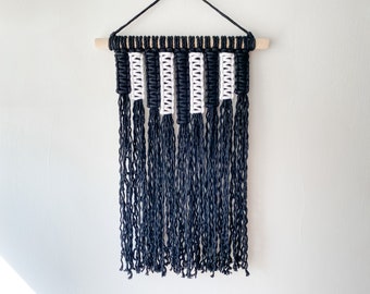 Black & White Wall Hanging, Neutral Home Decor, Boho and Eclectic Style Wall Art, Handmade, Small Macrame Tapestry, Ready to Ship