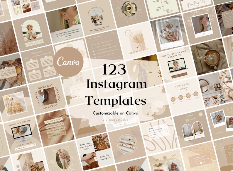 123 Instagram Templates | Neutral Social Media Templates| Boho Canva Templates|Instagram Post and story Templates | Nude beige templates 