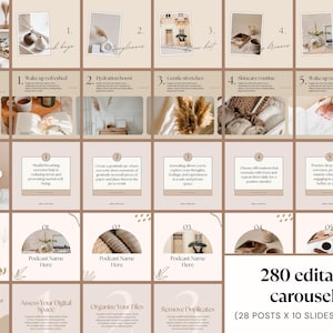 May include: A digital product showcasing 280 editable carousels for social media. The design features a neutral color palette with images and text, including "Summer", "Start Your Day Right", and "My Top 9 Podcasts for Self Care".