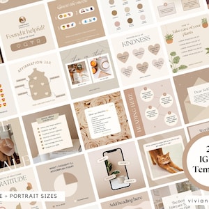 May include: A collection of 225 Instagram post templates in square and portrait sizes. The templates feature a neutral color palette with various designs, including graphics, text, and illustrations. The templates cover topics like self-care, social media checklists, and gratitude.