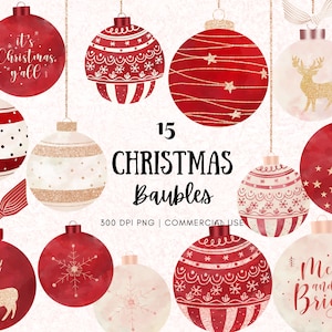 Conjunto de imágenes prediseñadas de adornos navideños con purpurina de acuarela: descarga instantánea, elementos PNG imprimibles en rojo y blanco