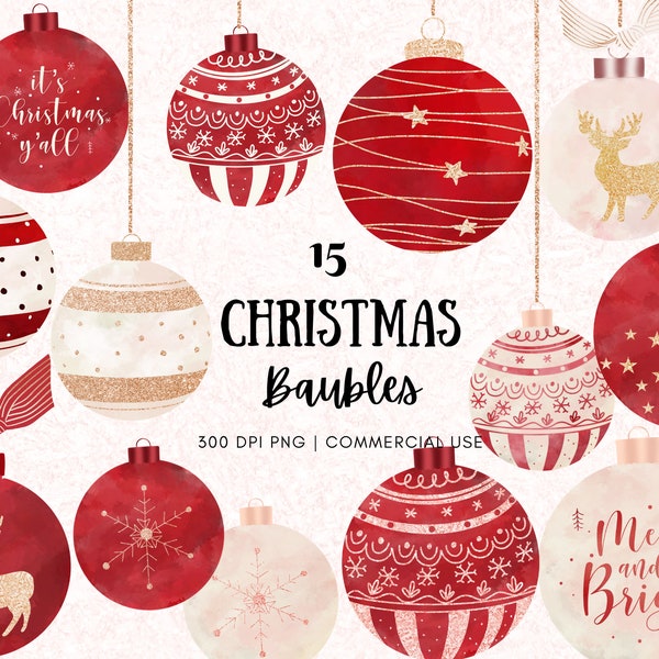 Watercolor Glitter Christmas Baubles Ornaments Clipart Set-Instant Download-Png-Red and white Printable Png elements