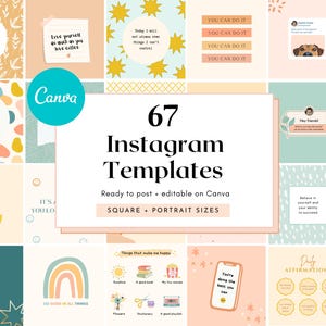Puede incluir: Un conjunto de 67 plantillas de Instagram, en formatos cuadrado y vertical, listas para publicar y editables en Canva. La imagen presenta varios gráficos en colores pastel con citas e ilustraciones motivadoras.