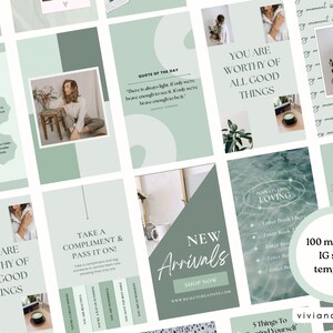 May include: A collection of 100 Instagram story templates in shades of green and white. The templates feature inspirational quotes, product announcements, and productivity tips. Text includes "Simple Productivity Habits", "You are worthy of all good things", and "New Arrivals".