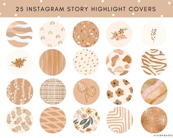 May include: 25 Instagram story highlight covers with various designs in neutral colors like beige, brown, and white. The designs include abstract shapes, floral patterns, and geometric lines.