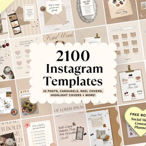 May include: A collection of 2100 Instagram templates featuring a neutral beige color palette. The display includes various social media post layouts, carousel designs, reel covers, and highlight covers with text elements and graphic icons.