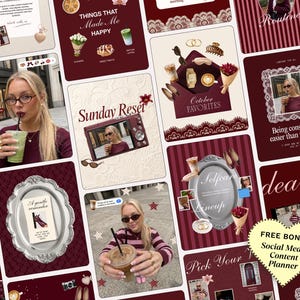 May include: A digital social media content planner template collection featuring a maroon and cream color palette. The layout includes various graphic elements such as ornate silver frames, lace borders, floral bouquets, coffee drinks, and photographs of a person.