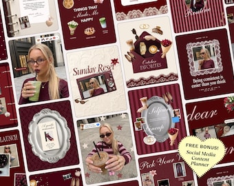 May include: A digital social media content planner template collection featuring a maroon and cream color palette. The layout includes various graphic elements such as ornate silver frames, lace borders, floral bouquets, coffee drinks, and photographs of a person.