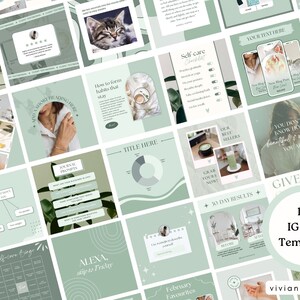 May include: A collection of 100 Instagram post templates in a soft green and white color scheme. The templates feature various designs with text and graphics related to self-care, journaling, and lifestyle topics. The text "100 IG Post Templates" is visible.
