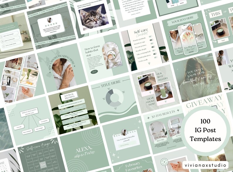 May include: A collection of 100 Instagram post templates in a soft green and white color scheme. The templates feature various designs with text and graphics related to self-care, journaling, and lifestyle topics. The text "100 IG Post Templates" is visible.